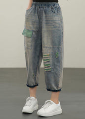 Plus Size  Blue Elastic Waist Hole Denim  Pants