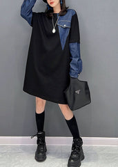 Plus Size Black O-Neck Denim Patchwork Cotton Robe Dresses Fall