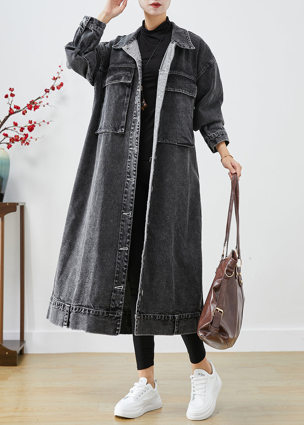 Plus Size Black Oversized Pockets Denim Trench Coats Fall