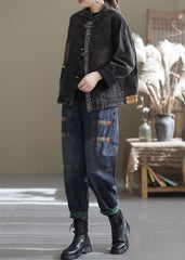 Plus Size Black Oversized Pockets Patchwork Cotton Denim Coats Fall