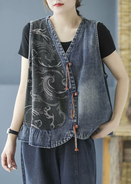 Schwarze ärmellose Jeansweste mit Patchwork-Muster und Quasten in Übergröße