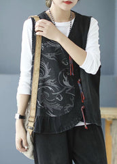 Plus Size Black Tasseled Patchwork denim Sleeveless Vest