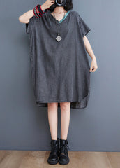 Plus Size Black V Neck Patchwork Denim Dresses