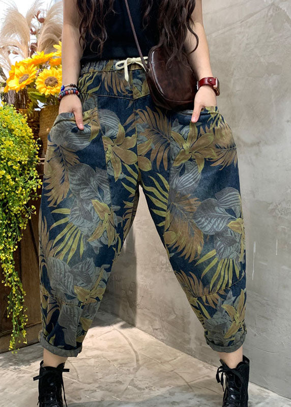 Plus Size Blue Cinched Print Patchwork denim Pants