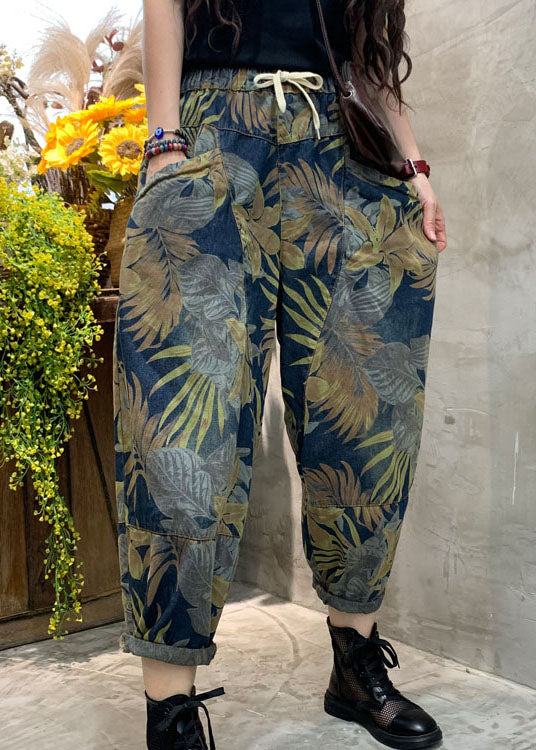 Plus Size Blue Cinched Print Patchwork denim Pants