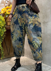 Plus Size Blue Cinched Print Patchwork denim Pants