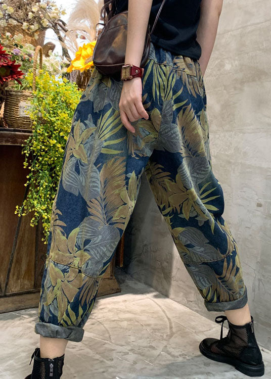 Plus Size Blue Cinched Print Patchwork denim Pants