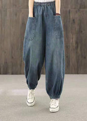 Plus Size Blue Elastic Waist Big Pockets Patchwork Cotton Denim harem Pants