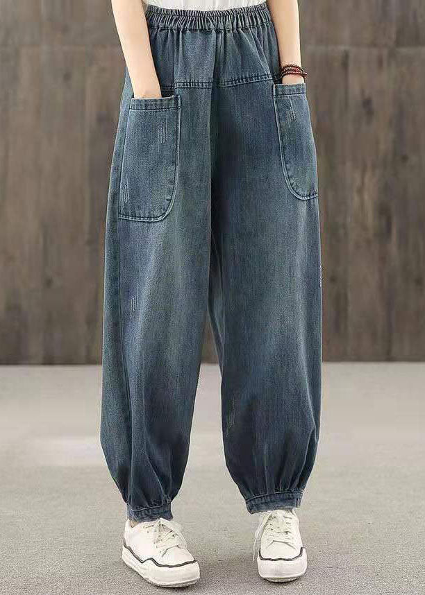 Plus Size Blue Elastic Waist Big Pockets Patchwork Cotton Denim harem Pants