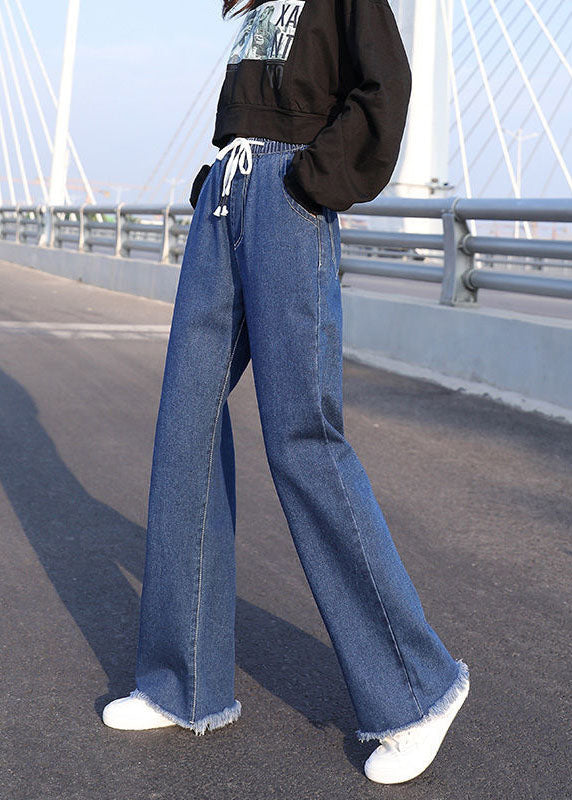 Plus Size Blue Elastic Waist Drawstring Draping Cotton Denim Wide Leg Pants