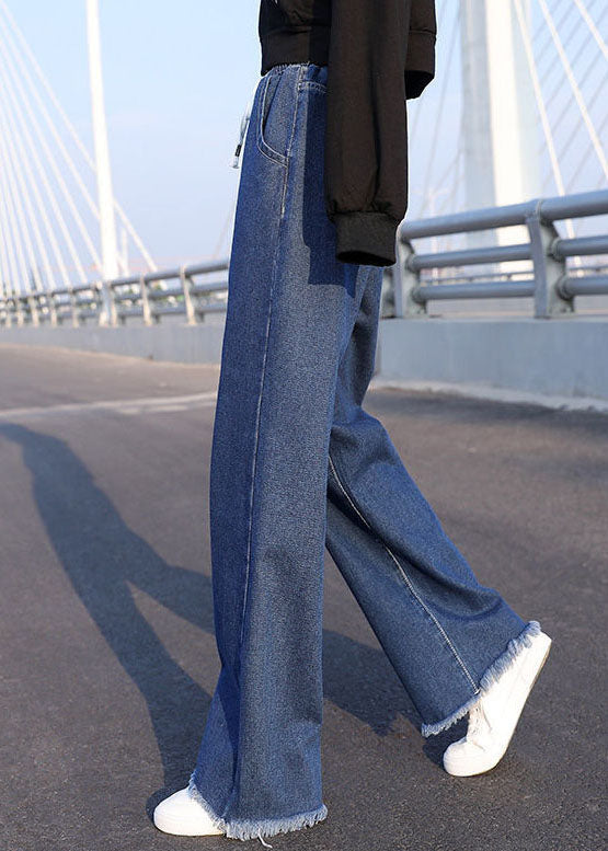 Plus Size Blue Elastic Waist Drawstring Draping Cotton Denim Wide Leg Pants