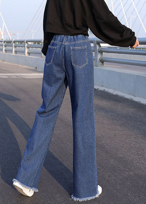 Plus Size Blue Elastic Waist Drawstring Draping Cotton Denim Wide Leg Pants