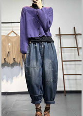 Plus Size Blue Elastic Waist Patchwork Drawstring Cotton Denim Pants Fall