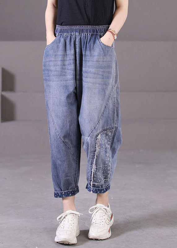 Plus Size Blue Elastic Waist Pockets Patchwork Applique Cotton Denim Harem Pants