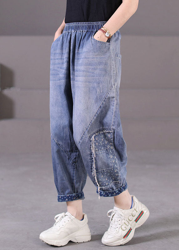 Plus Size Blue Elastic Waist Pockets Patchwork Applique Cotton Denim Harem Pants