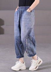 Plus Size Blue Elastic Waist Pockets Patchwork Applique Cotton Denim Harem Pants