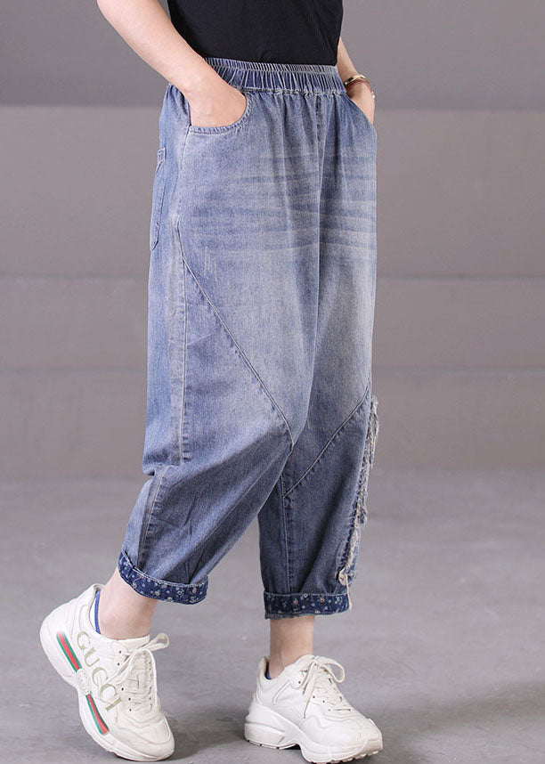 Plus Size Blue Elastic Waist Pockets Patchwork Applique Cotton Denim Harem Pants