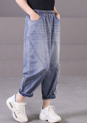 Plus Size Blue Elastic Waist Pockets Patchwork Applique Cotton Denim Harem Pants