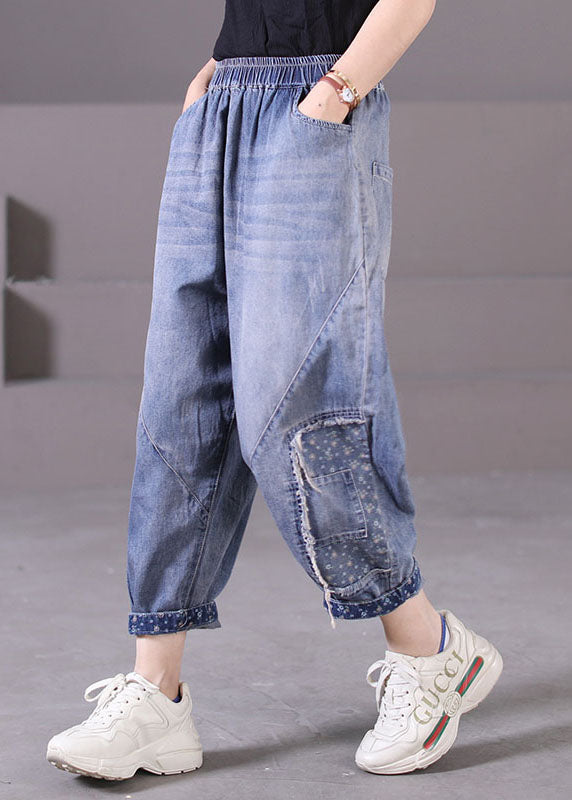 Plus Size Blue Elastic Waist Pockets Patchwork Applique Cotton Denim Harem Pants