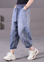 Plus Size Blue Elastic Waist Pockets Patchwork Applique Cotton Denim Harem Pants