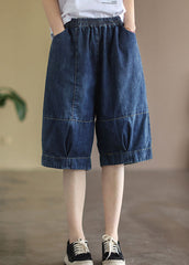 Plus Size Blue Elastic Waist Pockets Patchwork Cotton Denim Half Pants