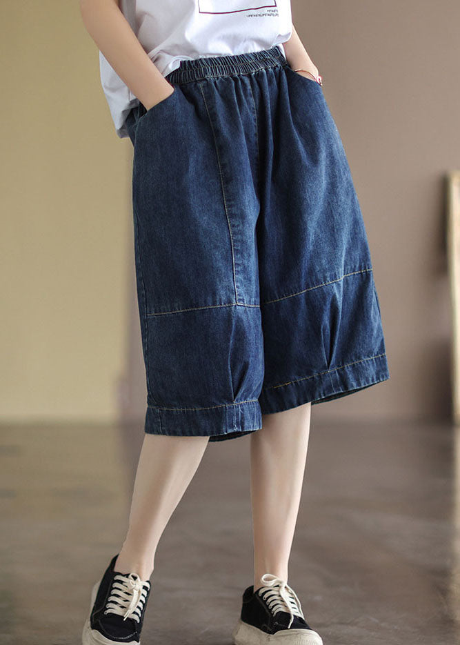 Plus Size Blue Elastic Waist Pockets Patchwork Cotton Denim Half Pants