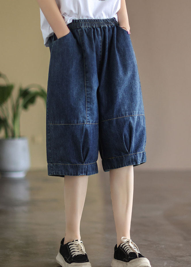 Plus Size Blue Elastic Waist Pockets Patchwork Cotton Denim Half Pants