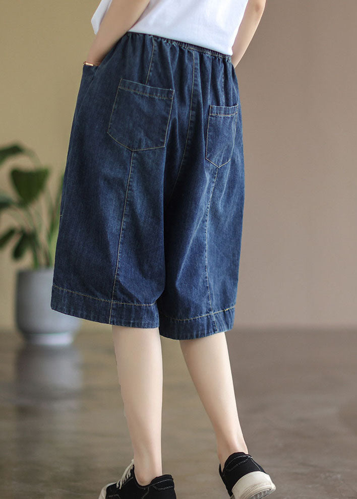 Plus Size Blue Elastic Waist Pockets Patchwork Cotton Denim Half Pants