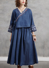 Plus Size Blue Embroideried Asymmetrical Design Tie Waist Cotton Denim Dresses Bracelet Sleeve