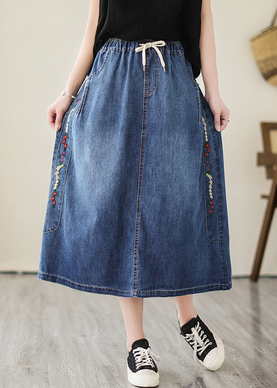 Plus Size Blue Embroideried Pockets Denim Skirts