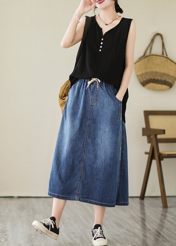 Plus Size Blue Embroideried Pockets Denim Skirts