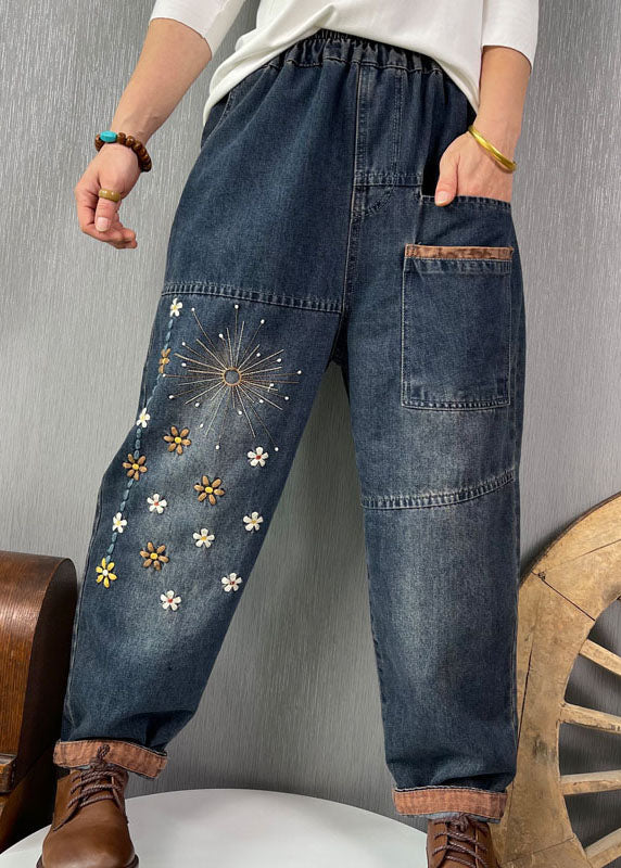 Plus Size Blue Embroideried Pockets denim Pants