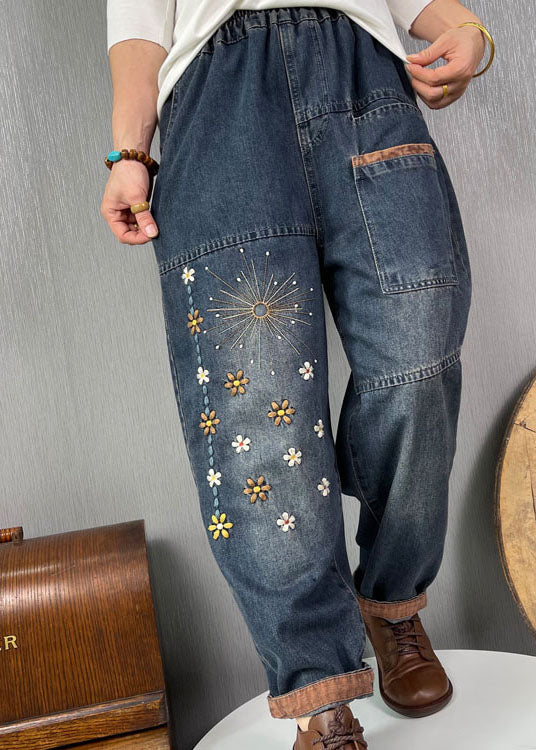 Plus Size Blue Embroideried Pockets denim Pants