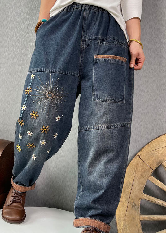 Plus Size Blue Embroideried Pockets denim Pants