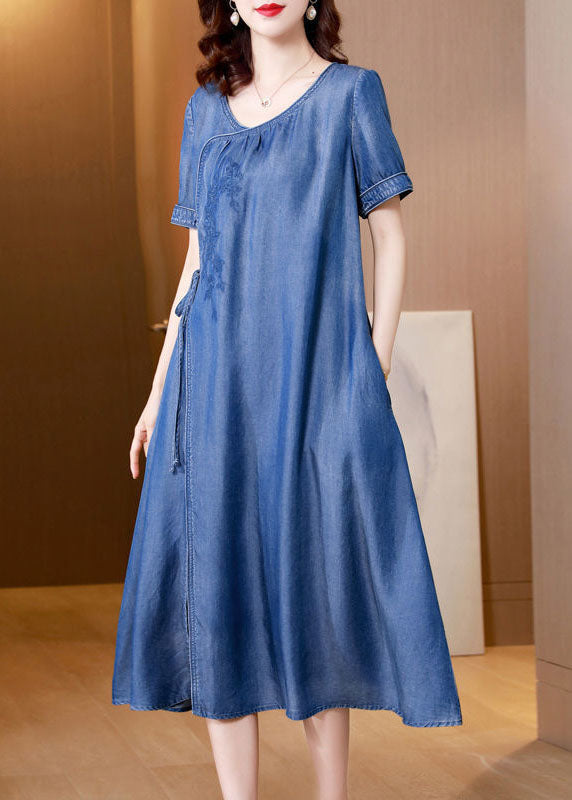 Plus Size Blue Embroideried Side Open Denim Dress