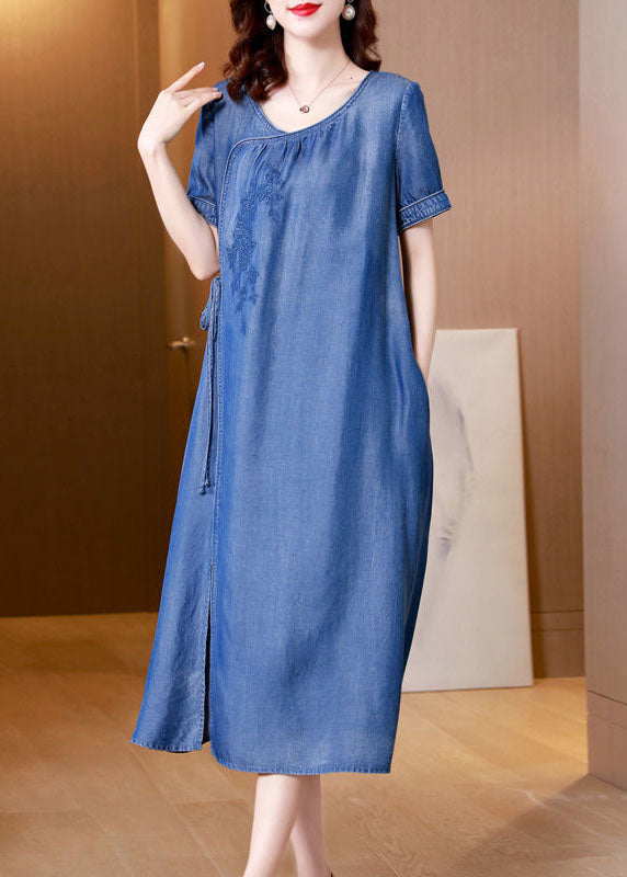 Plus Size Blue Embroideried Side Open Denim Dress