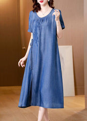 Plus Size Blue Embroideried Side Open Denim Dress