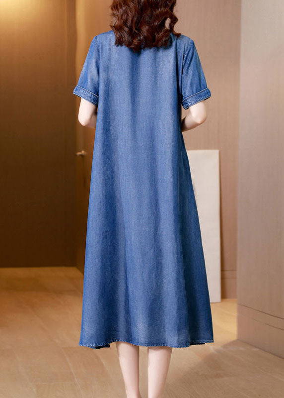 Plus Size Blue Embroideried Side Open Denim Dress