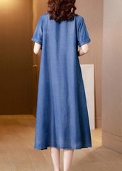 Plus Size Blue Embroideried Side Open Denim Dress