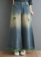 Plus Size Blue High Waist Hole Pockets Tassel Cotton Denim Wide Leg Pants