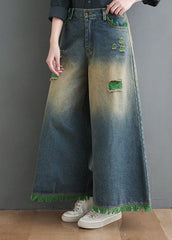 Plus Size Blue High Waist Hole Pockets Tassel Cotton Denim Wide Leg Pants