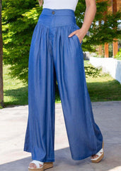 Plus Size Blue High Waist Patchwork Wrinkled Denim Wide Leg Pants