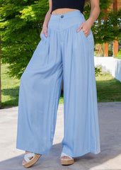 Plus Size Blue High Waist Patchwork Wrinkled Denim Wide Leg Pants