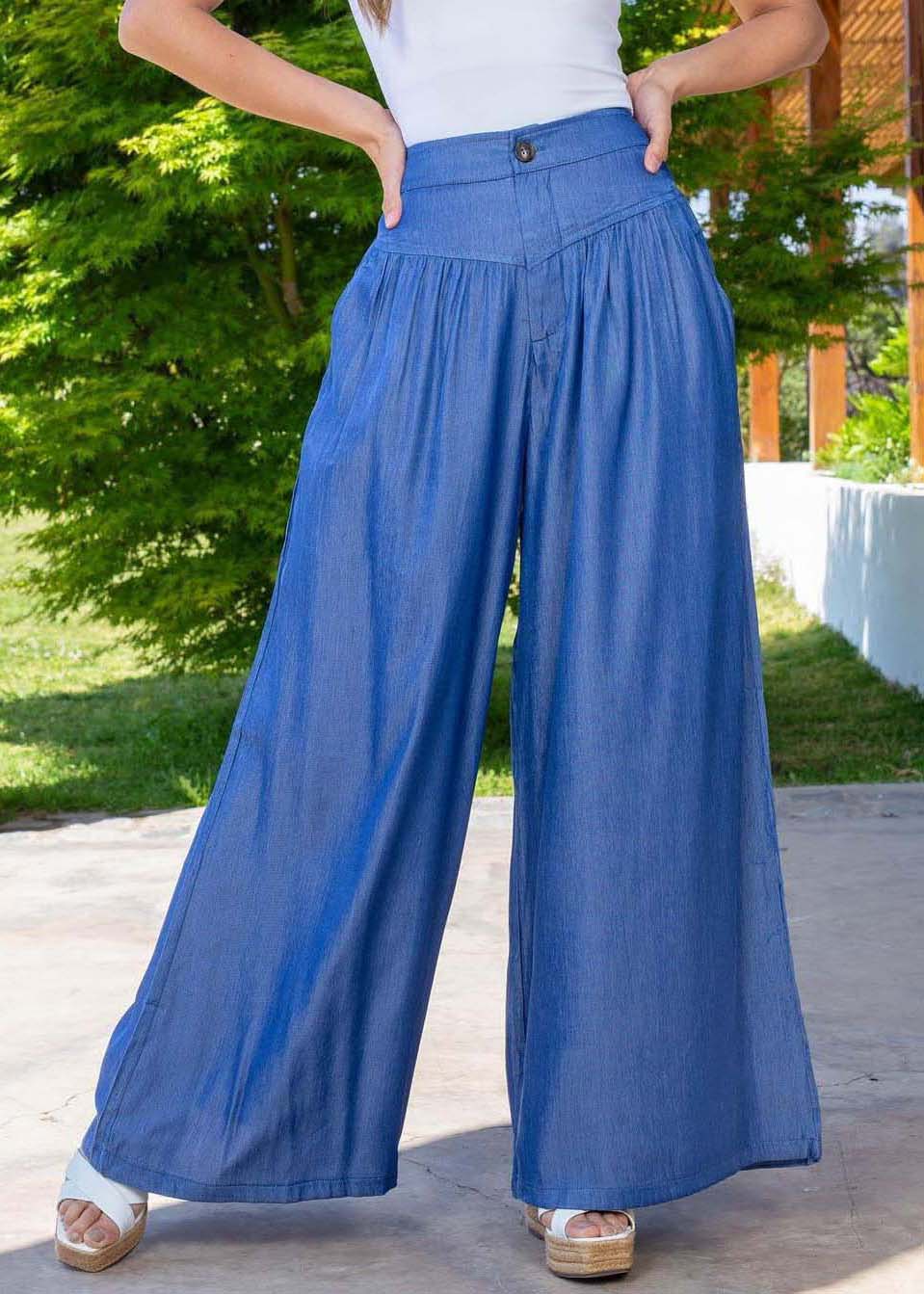 Plus Size Blue High Waist Patchwork Wrinkled Denim Wide Leg Pants