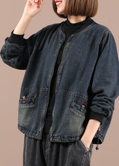 Plus Size Blue Loose Zippered Pockets Fall Denim Long sleeve Jackets