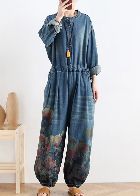 Plus Size Blue O-Neck Button Floral Cotton Denim Jumpsuit Long Sleeve