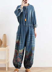 Plus Size Blue O-Neck Button Floral Cotton Denim Jumpsuit Long Sleeve