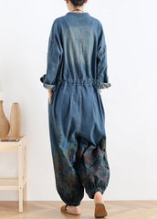 Plus Size Blue O-Neck Button Floral Cotton Denim Jumpsuit Long Sleeve