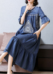 Plus Size Blue O-Neck Embroideried Ruffles Cotton Denim Dress Flare Sleeve