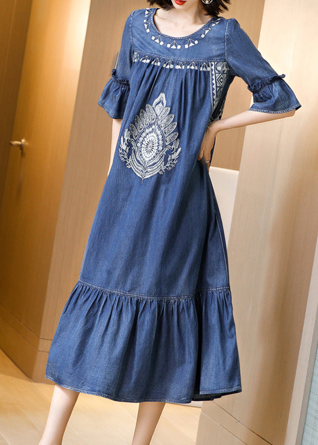 Plus Size Blue O-Neck Embroideried Ruffles Cotton Denim Dress Flare Sleeve